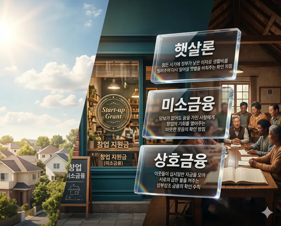 햇살론, 미소금융, 상호금융 키워드 정의와 각각의 서민 지원 및 협동 금융 상황을 사실적인 배경 위에 유리 패널로 정리한 고품격 실사 인포그래픽