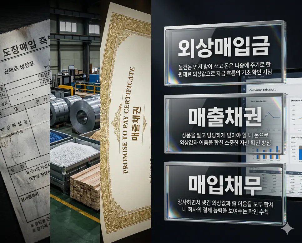 외상매입금 뜻, 매출채권 뜻, 매입채무 뜻 정리: 영업 부채와 받을 권리 및 자산 확인 4 외상매입금, 매출채권, 매입채무 키워드 정의와 각각의 외상 거래 및 자금 정산 상황을 사실적인 배경 위에 유리 패널로 정리한 고품격 실사 인포그래픽