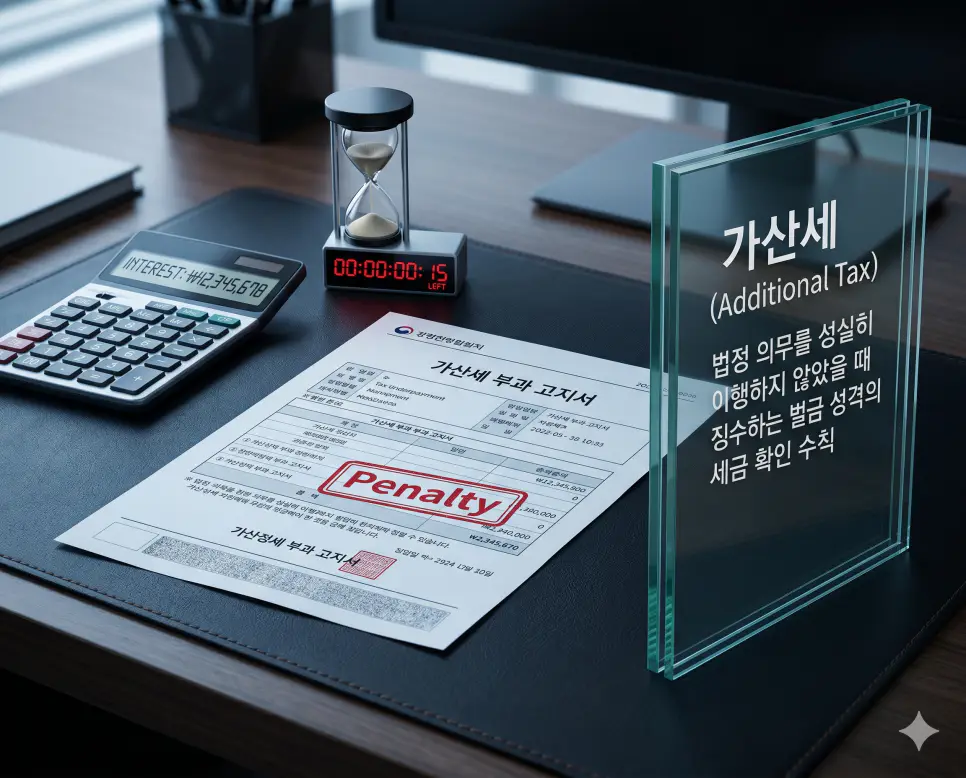 면세 뜻, 납세자 뜻, 가산세 뜻 정리: 조세 혜택과 납세 의무 이행 확인 지침 3 가산세 뜻을 상징하기 위해 납세 의무를 불이행했을 때 부과되는 벌금 성격의 세금 고지서와 경고의 의미를 담은 시각적 소품의 실사 이미지