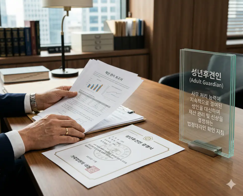 성년후견인 뜻을 시각화하기 위해 사무 처리 능력이 지속적으로 결여된 성인을 대신하여 재산과 신상을 관리하는 법정대리인의 증명서와 법원 검인 실사 이미지