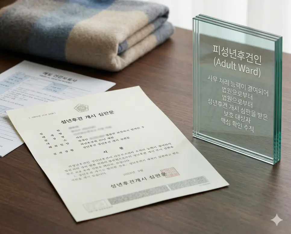 피성년후견인 뜻을 상징하기 위해 사무 처리 능력이 부족하여 법원의 보호와 성년후견 개시 심판을 받은 대상자를 위한 심판문의 실사 이미지