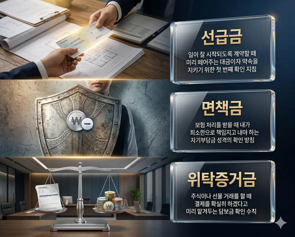 선급금 뜻, 면책금 뜻, 위탁증거금 뜻 정리: 선지급 대금과 보험 자기부담금 및 담보금 확인 4 선급금, 면책금, 위탁증거금 키워드 정의와 각각의 자금 선납 및 보험 자기부담 상황을 사실적인 배경 위에 유리 패널로 정리한 고품격 실사 인포그래픽