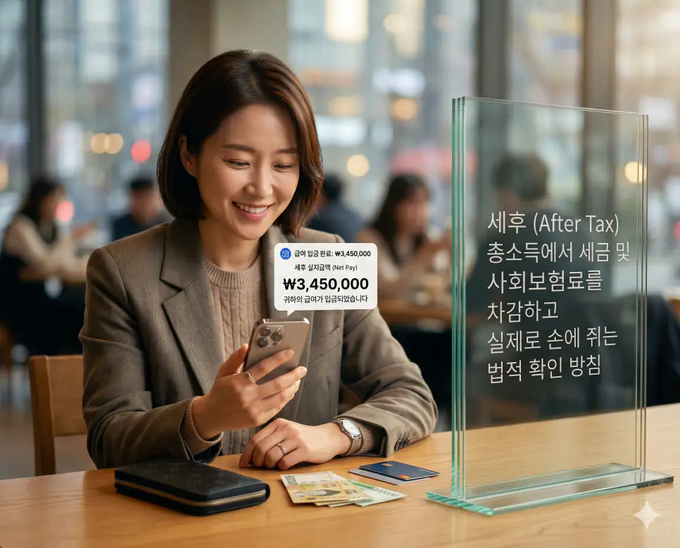 세전 뜻, 세후 뜻, 과세 뜻 정리: 과세 원리와 월급 실수령액 차이 확인 지침 2 세후 뜻을 시각화하기 위해 총소득에서 소득세와 지방세 등을 제외하고 실제로 통장에 입금되어 손에 쥐는 실지급액 확인 화면의 실사 이미지