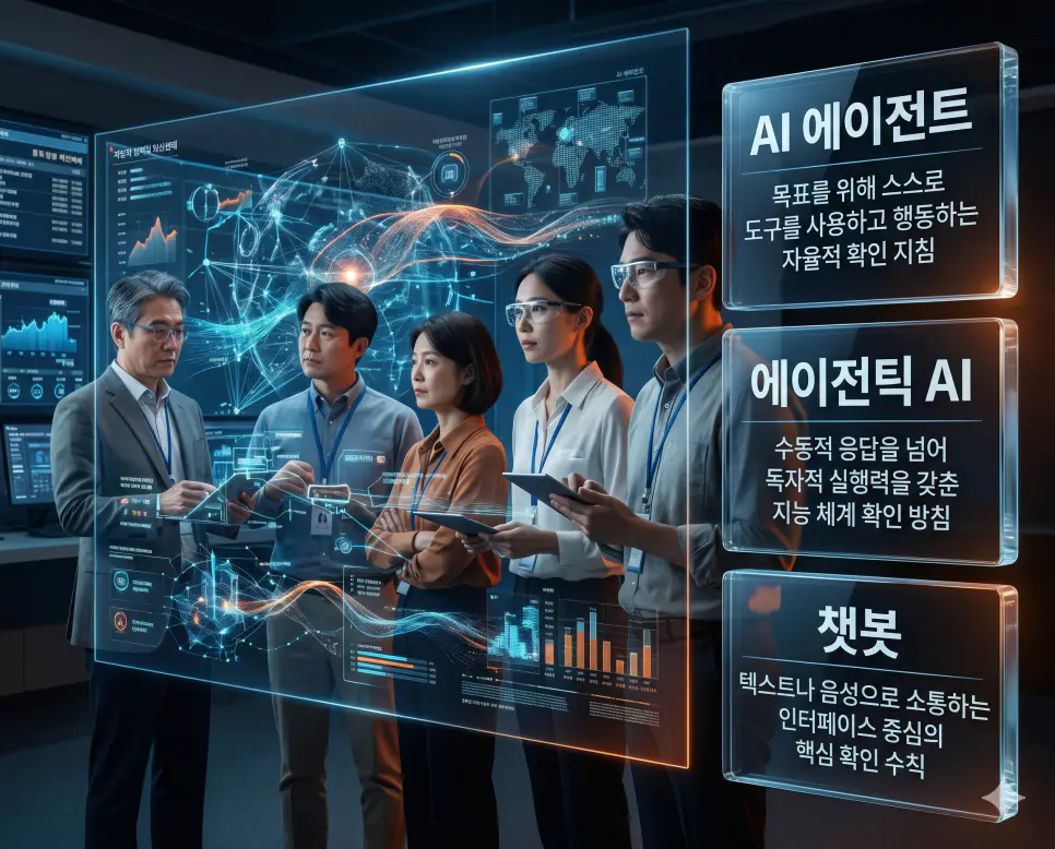 AI 에이전트 뜻, 에이전틱 AI 뜻, 챗봇 뜻: 자율적 인공지능 확인 지침 4 한국인 전문가들과 함께 AI 에이전트, 에이전틱 AI, 챗봇의 자율성과 실행력 차이를 한눈에 판독하여 업무 자동화 수준을 진단하는 프리미엄 포스터 이미지