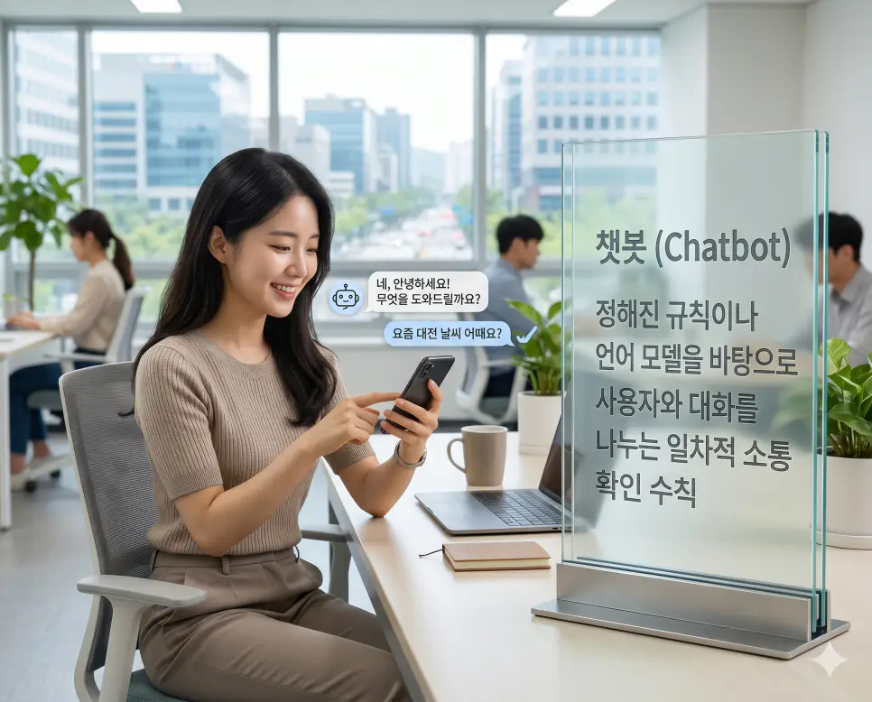 AI 에이전트 뜻, 에이전틱 AI 뜻, 챗봇 뜻: 자율적 인공지능 확인 지침 3 챗봇 뜻을 정의하기 위해 정해진 규칙이나 모델을 바탕으로 사용자와 텍스트로 대화를 나누는 일차적인 인터페이스를 활용하는 현대적인 한국 사무실 실사 이미지