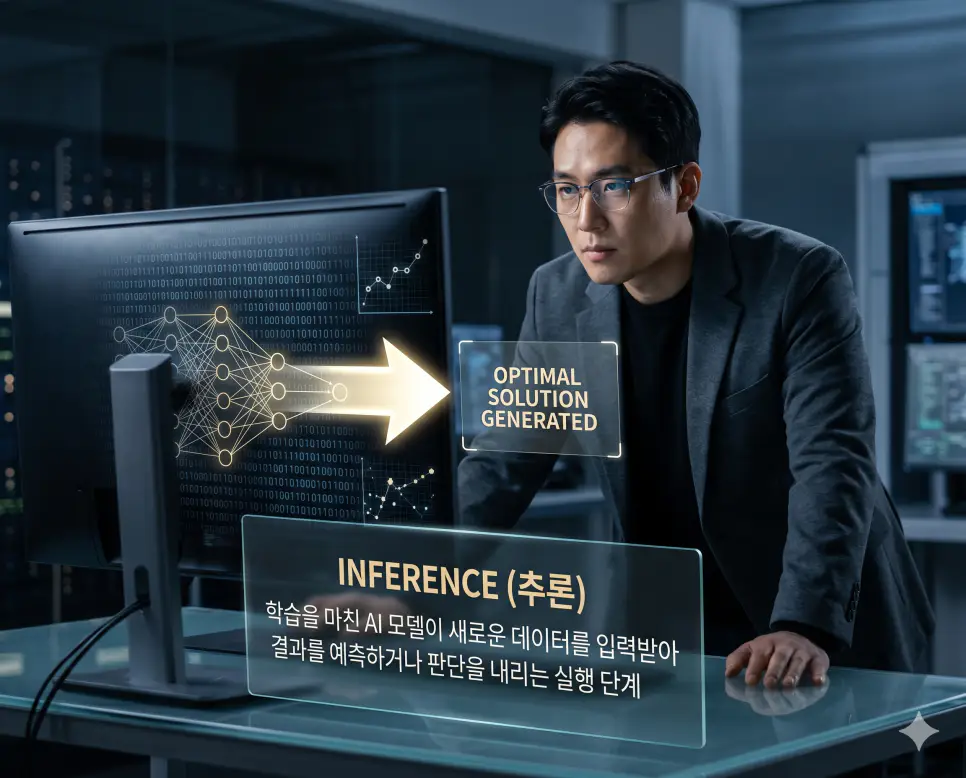 INFERENCE 뜻을 설명하기 위해 한국인 AI 엔지니어가 학습된 모델을 통해 실시간으로 데이터의 결과를 예측하고 추론하는 과정을 지켜보는 시네마틱 이미지