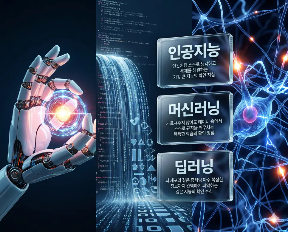 인공지능 뜻, 머신러닝 뜻, 딥러닝 뜻 정리: AI 핵심 기술과 작동 원리 확인 4 인공지능, 머신러닝, 딥러닝 키워드 정의와 각각의 기술적 포함 관계 및 작동 원리를 사실적인 배경 위에 유리 패널로 정리한 고품격 실사 인포그래픽