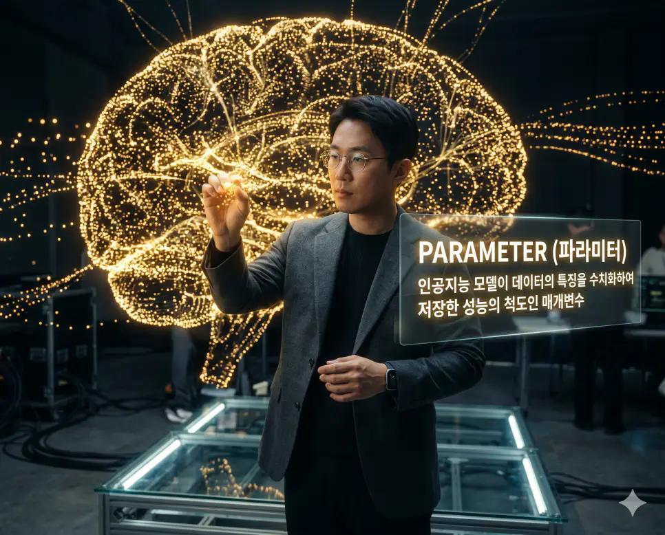 PARAMETER 뜻을 설명하기 위해 한국인 AI 아키텍트가 모델의 지능을 결정하는 수조 개의 디지털 매개변수 데이터를 정밀하게 조정하는 시네마틱 이미지
