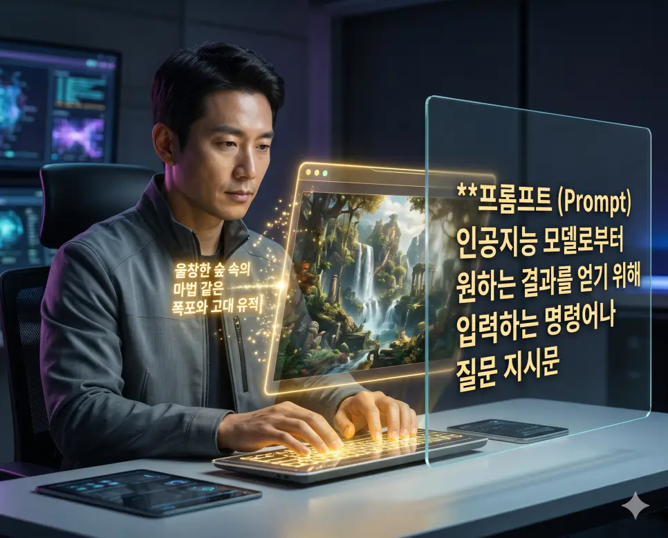 프롬프트 뜻을 설명하기 위해 한국인 AI 전문가가 인공지능 모델에게 정확한 결과물을 끌어내는 황금빛 디지털 지시 명령어를 입력하는 시네마틱 이미지