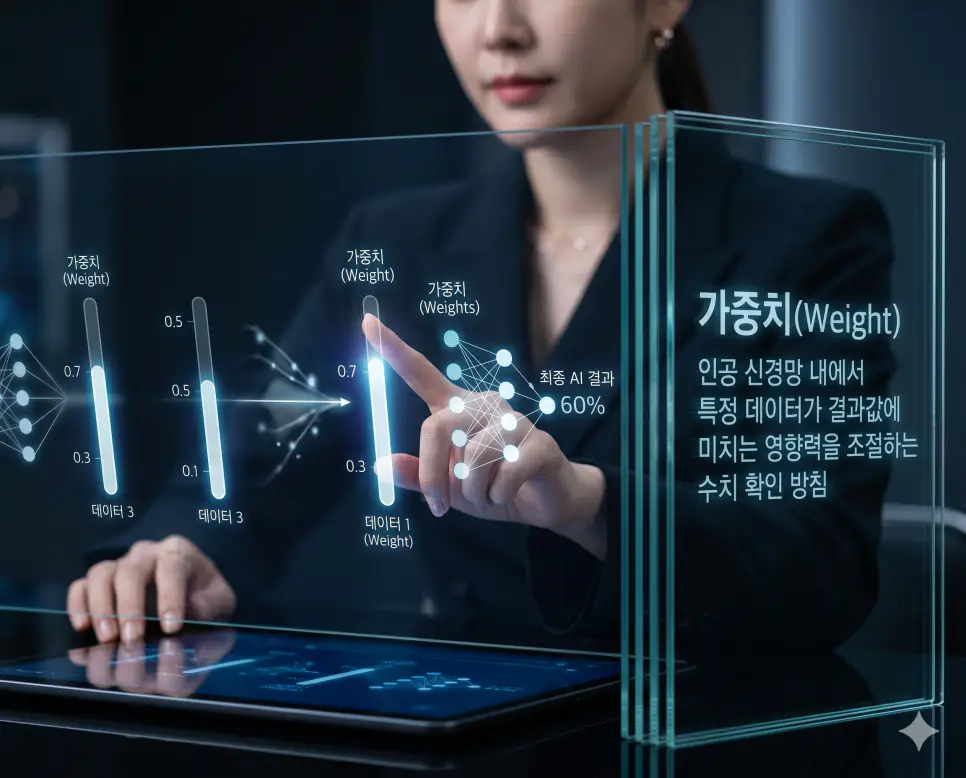가중치 뜻을 시각화하기 위해 한국인 엔지니어가 인공 신경망 내 데이터 중요도를 정교하게 조절하여 학습 결과를 최적화하는 과정의 실사 이미지