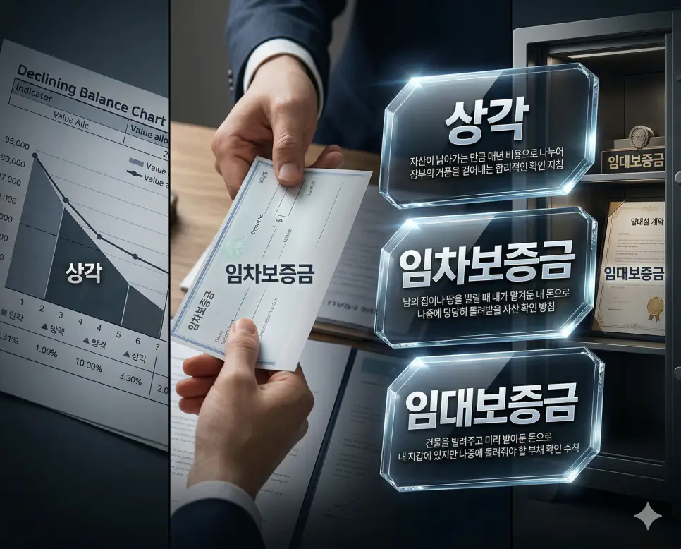 상각 뜻, 임차보증금 뜻, 임대보증금 뜻 정리: 자산 가치 조정과 임대차 보증금 확인 4 상각, 임차보증금, 임대보증금 키워드 정의와 각각의 가치 조정 및 보증금 수수 상황을 사실적인 배경 위에 유리 패널로 정리한 고품격 실사 인포그래픽