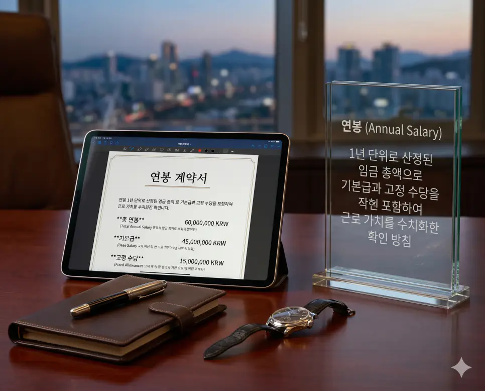 상여금 뜻, 연봉 뜻, 시급 뜻 정리: 임금 체계와 보상 산정 방식 확인 2 연봉 뜻을 시각화하기 위해 1년 단위로 산정된 임금 총액과 근로 조건이 명시된 디지털 계약서와 비즈니스 소품의 실사 이미지