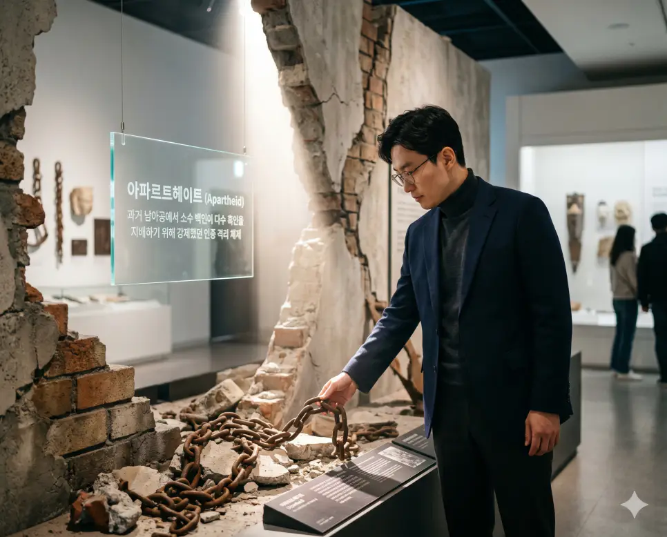 홀로코스트, 제노사이드, 아파르트헤이트 뜻: 인류사의 비극과 인권의 가치를 되새기다 3 아파르트헤이트 뜻을 정의하기 위해 한국인 사회학자가 과거 남아공의 극단적인 인종 차별 정책과 격리 체제의 종말을 상징하는 전시물을 분석하는 프리미엄 실사 이미지
