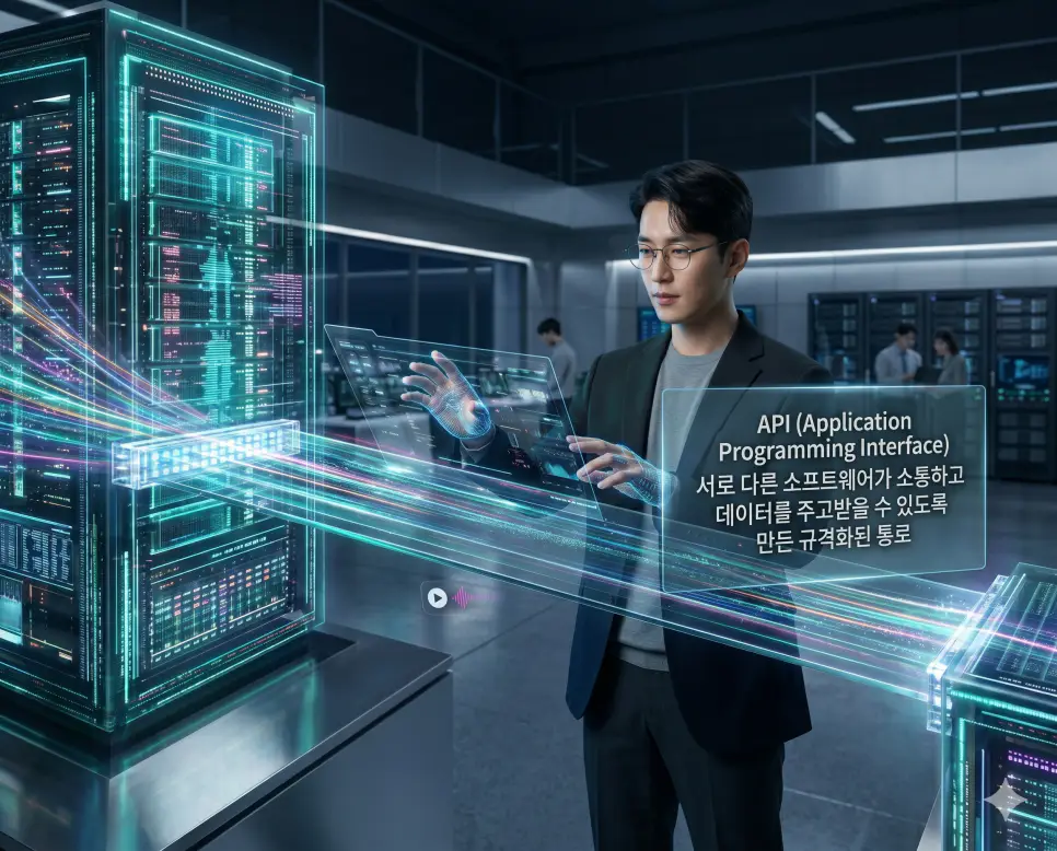 API 뜻을 정의하기 위해 한국인 개발자가 서로 다른 소프트웨어를 연결하여 데이터가 자유롭게 흐르도록 만드는 규격화된 디지털 다리를 설계하는 프리미엄 실사 이미지