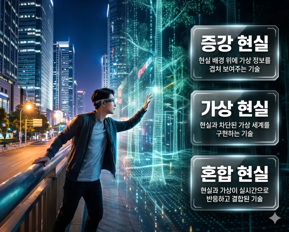 한국인 전문가들과 함께 증강 현실, 가상 현실, 혼합 현실의 기술적 지표를 분석하여 현실과 디지털 콘텐츠가 결합하는 미래 세상을 진단하는 프리미엄 포스터 이미지