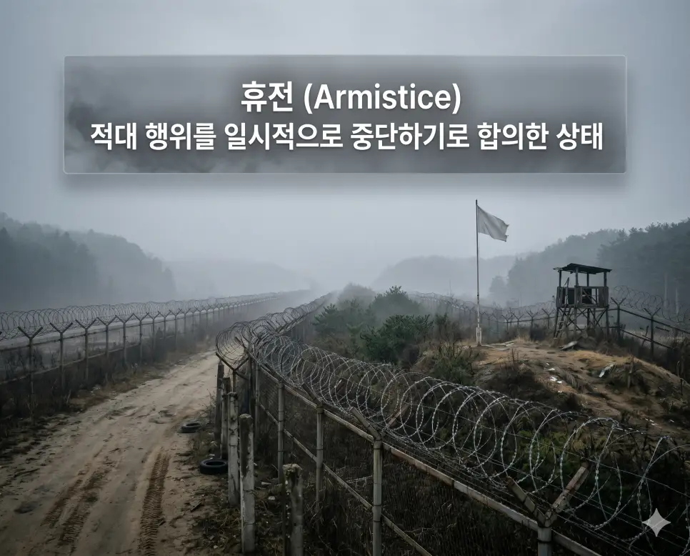 휴전 뜻을 설명하기 위해 안개가 자욱한 경계 지역의 철조망과 일시적 적대 행위 중단을 상징하는 고요하고 긴장감 넘치는 시네마틱 이미지