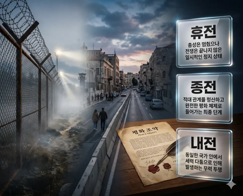 한국인 전문가와 함께 휴전, 종전, 내전의 관계를 분석하여 전쟁의 일시 정지와 완전 종료 및 국가 내부 갈등을 진단하는 역대급 비주얼 포스터 이미지