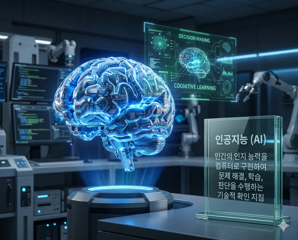 인공지능 뜻, 머신러닝 뜻, 딥러닝 뜻 정리: AI 핵심 기술과 작동 원리 확인 1 인공지능 뜻을 설명하기 위해 인간의 인지 능력을 컴퓨터로 구현하여 판단과 학습을 수행하는 휴머노이드 뇌 구조와 홀로그램 인터페이스 실사 이미지