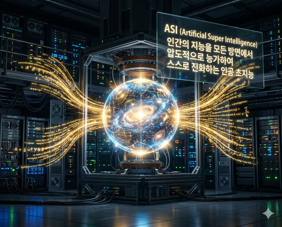 ASI 뜻을 설명하기 위해 슈퍼컴퓨터에서 인간의 지능을 모든 면에서 능가하며 스스로 진화하는 우주적인 지능 오브를 시각화한 시네마틱 이미지