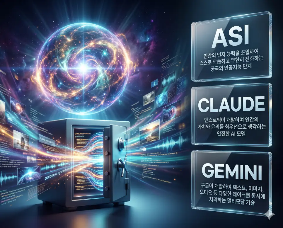 한국인 전문가들과 함께 ASI, CLAUDE, GEMINI의 관계를 분석하여 인공 초지능과 인간 가치 중심의 AI 및 멀티모달 모델의 핵심 원리를 진단하는 역대급 비주얼 포스터 이미지