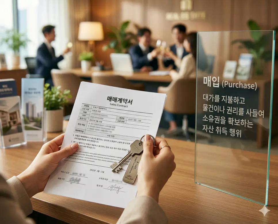 매입 뜻을 상징하기 위해 자산의 소유권을 확보하기 위한 최종 계약서 서명과 열쇠 수령을 통해 자산 취득을 완료하는 순간의 실사 이미지