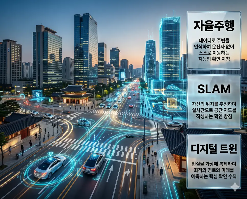 자율주행 뜻, SLAM 뜻, 디지털 트윈 뜻 정리: 지능형 교통 시스템 확인 지침 4 한국인 전문가들과 함께 자율주행, SLAM, 디지털 트윈의 기술적 지표를 분석하여 데이터로 결합된 지능형 이동 시스템의 혁신을 진단하는 프리미엄 포스터 이미지