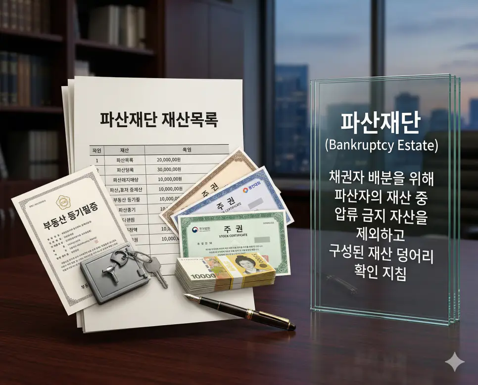 파산재단 뜻, 파산관재인 뜻, NPL 뜻 정리: 부실 채권과 자산 처분 절차 확인 1 파산재단 뜻을 설명하기 위해 파산자의 재산 중 채권자 배분을 위해 모아둔 자산 목록과 법적 서류를 담은 비즈니스 현장의 실사 이미지