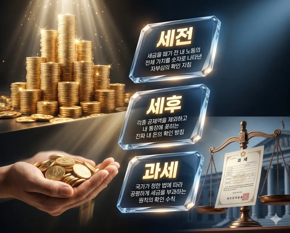 세전 뜻, 세후 뜻, 과세 뜻 정리: 과세 원리와 월급 실수령액 차이 확인 지침 4 세전, 세후, 과세 키워드 정의와 각각의 임금 지급 및 세금 부과 상황을 사실적인 배경 위에 유리 패널로 정리한 고품격 실사 인포그래픽