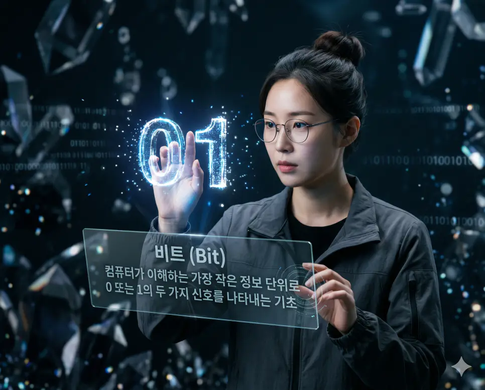 스레드 뜻, 비트 뜻, 바이트 뜻: 실행의 흐름과 데이터 최소 단위 및 정보 표현 규격 확인 2 비트 뜻을 시각화하기 위해 한국인 과학자가 디지털 공간에 떠 있는 0과 1의 최소 정보 단위를 정밀하게 조사하는 고품격 실사 이미지
