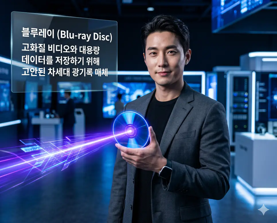 블루레이 뜻, 전자서명 뜻, 공인인증서 뜻: 고화질 저장 매체와 디지털 보안 및 신분 증명 확인 1 블루레이 뜻을 설명하기 위해 한국인 테크 전문가가 대용량 HD 비디오를 저장하는 차세대 보라색 레이저 디스크를 다루는 시네마틱 이미지