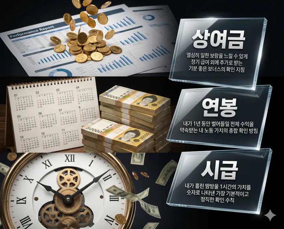 상여금 뜻, 연봉 뜻, 시급 뜻 정리: 임금 체계와 보상 산정 방식 확인 4 상여금, 연봉, 시급 키워드 정의와 각각의 보상 산정 및 임금 지급 상황을 사실적인 배경 위에 유리 패널로 정리한 고품격 실사 인포그래픽