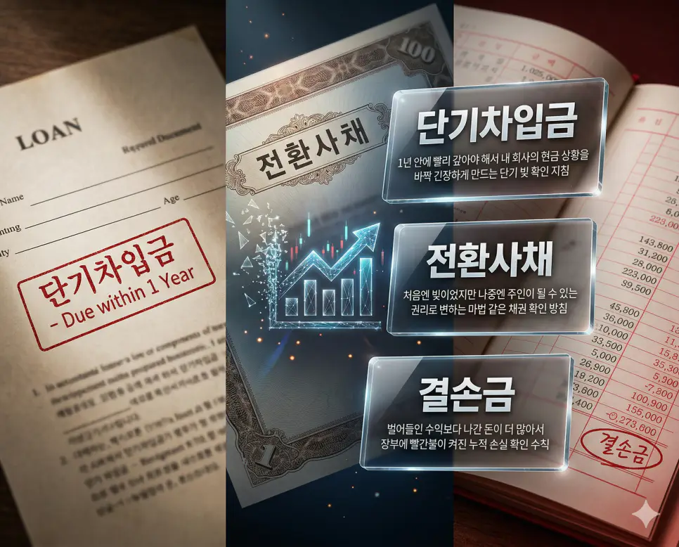 단기차입금, 전환사채, 결손금 키워드 정의와 각각의 부채 상환 및 손실 관리 상황을 사실적인 배경 위에 유리 패널로 정리한 고품격 실사 인포그래픽