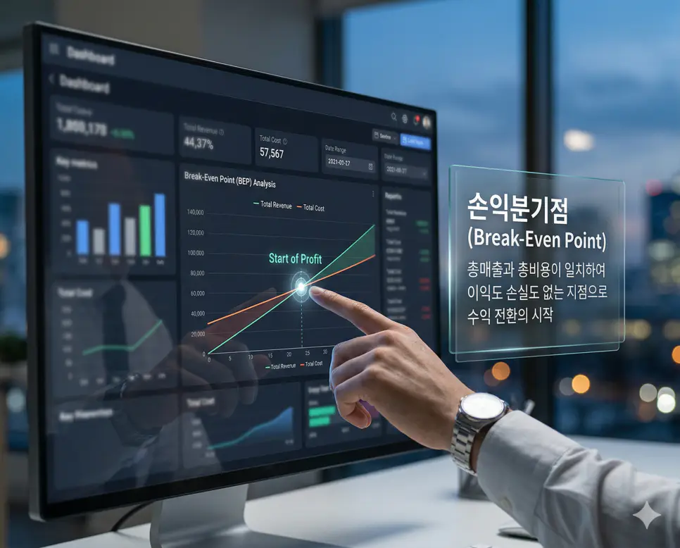 손익 뜻, 손익분기점 뜻, 순자산 뜻: 이익과 손실 및 손익분기점과 진짜 내 재산 정리 2 손익분기점 뜻을 시각화하기 위해 디지털 모니터에 표시된 매출과 비용의 교차점을 분석하며 수익 전환 시점을 파악하는 생생한 실사 이미지