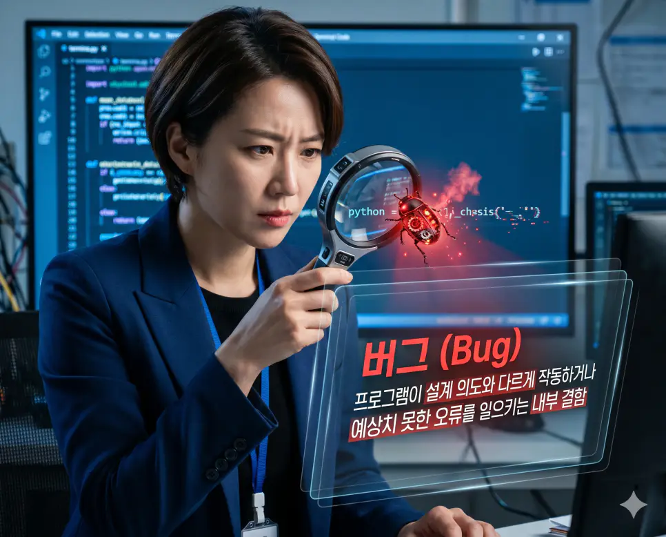 버그 뜻을 시각화하기 위해 한국인 엔지니어가 디지털 돋보기로 코드 속의 붉은 기계 벌레를 찾아내어 프로그램의 논리적 결함과 예상치 못한 오류를 분석하는 고품격 실사 이미지