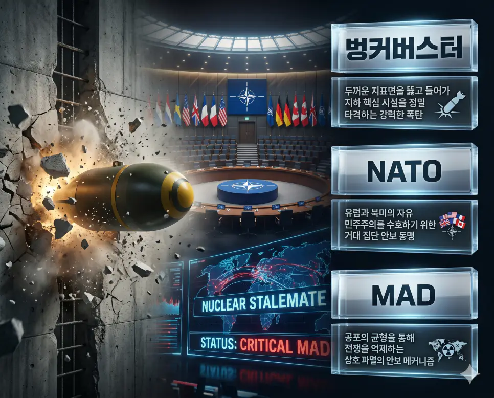 벙커버스터 (Bunker Buster) 뜻, NATO 뜻, MAD 뜻: 지하 요새 파괴 폭탄과 북대서양 조약 기구 및 상호 확정 파괴 확인 4 MAD 뜻을 정의하기 위해 핵무기를 보유한 양측이 공격 시 공멸하게 되는 상호 확정 파괴의 긴장감 넘치는 상황을 묘사한 전략 안보 이미지