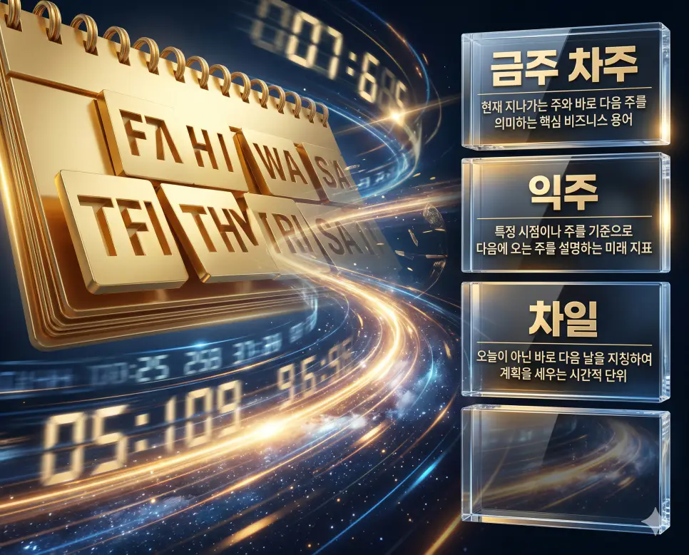 금주 차주 뜻, 익주 뜻, 차일 뜻: 업무 일정 관리를 위한 시간 용어 완벽 정리 4 한국인 전문가들과 함께 금주 차주, 익주, 차일의 관계를 분석하여 업무 효율을 높이는 정확한 시간 표현과 일정 관리의 핵심 원리를 진단하는 역대급 비주얼 포스터 이미지
