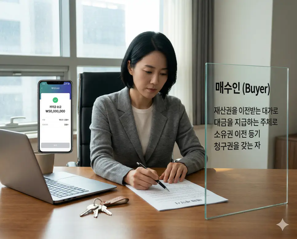 매도인 뜻, 매수인 뜻, 채권자 뜻 정리: 소유권 이전과 권리 회수 주체 확인 2 매수인 뜻을 시각화하기 위해 재산권을 이전받는 대가로 대금을 지급하고 소유권 이전 등기를 청구하는 권리를 가진 자가 계약을 확인하는 실사 이미지