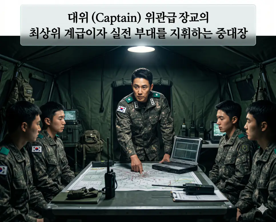 대위 뜻을 설명하기 위해 야전 지휘소에서 중대원들에게 작전 지시를 내리며 부대를 이끄는 핵심 지휘관의 실사 시네마틱 이미지