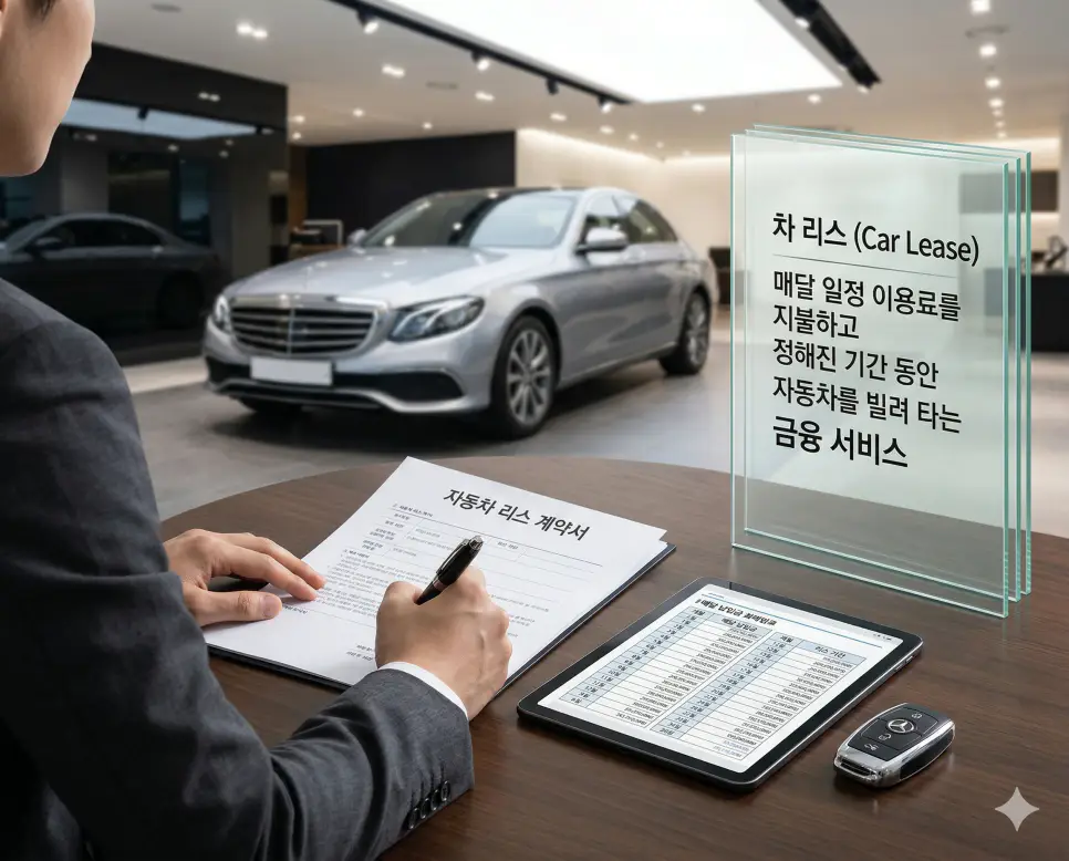 차 리스 뜻, 운용리스 뜻, 할부 뜻 정리: 자동차 금융 방식과 소유 및 이용 확인 1 차 리스 뜻을 설명하기 위해 매달 일정 이용료를 지불하고 정해진 기간 동안 자동차를 대여하여 이용하는 계약 체결 장면의 실사 이미지