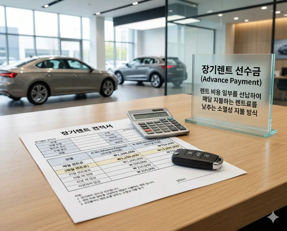 장기렌트 선수금 뜻, 주식 예수금 뜻, 원화 예수금 뜻 정리: 렌트료 절감과 매수 대기 자금 확인 1 장기렌트 선수금 뜻을 설명하기 위해 렌트료 절감을 위해 선지급한 금액과 그에 따른 매달 지출 감소 효과를 보여주는 견적서의 실사 이미지