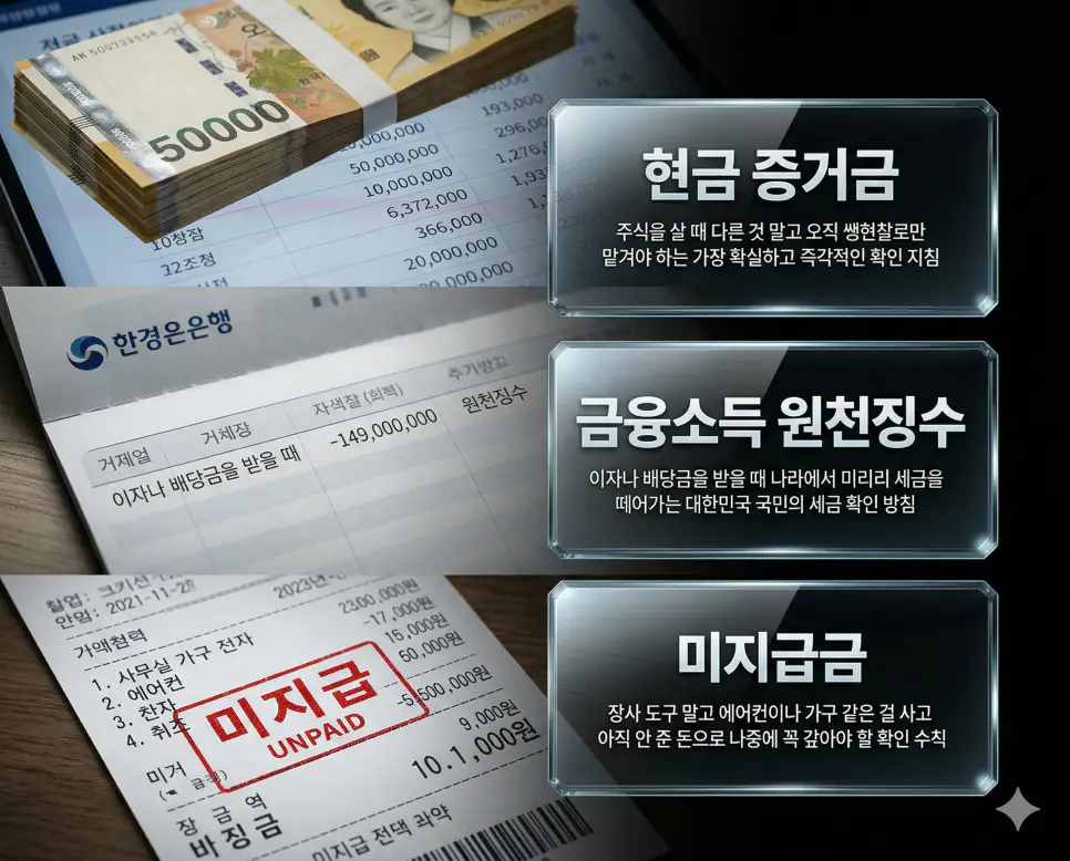현금 증거금 뜻, 금융소득 원천징수 뜻, 미지급금 뜻 정리: 담보 자금과 세금 및 채무 확인 4 현금 증거금, 금융소득 원천징수, 미지급금 키워드 정의와 각각의 자금 예치 및 세금 징수 상황을 사실적인 배경 위에 유리 패널로 정리한 고품격 실사 인포그래픽