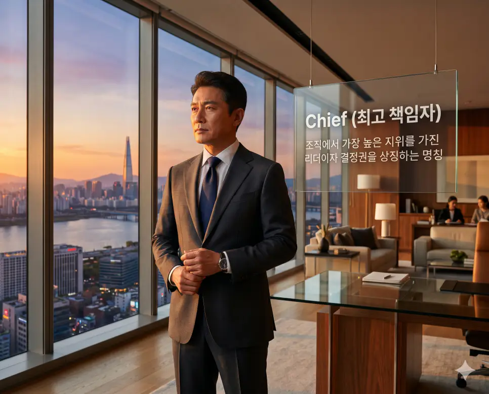 Chief 뜻을 정의하기 위해 서울의 마천루를 배경으로 기업의 비전을 제시하고 조직을 이끄는 카리스마 넘치는 최고 책임자의 프리미엄 실사 이미지