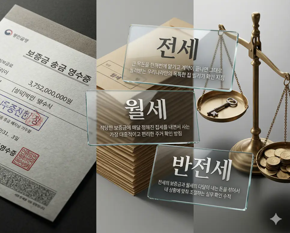 전세, 월세, 반전세 키워드 정의와 각각의 보증금 예치 및 임대료 지불 상황을 사실적인 배경 위에 유리 패널로 정리한 고품격 실사 인포그래픽