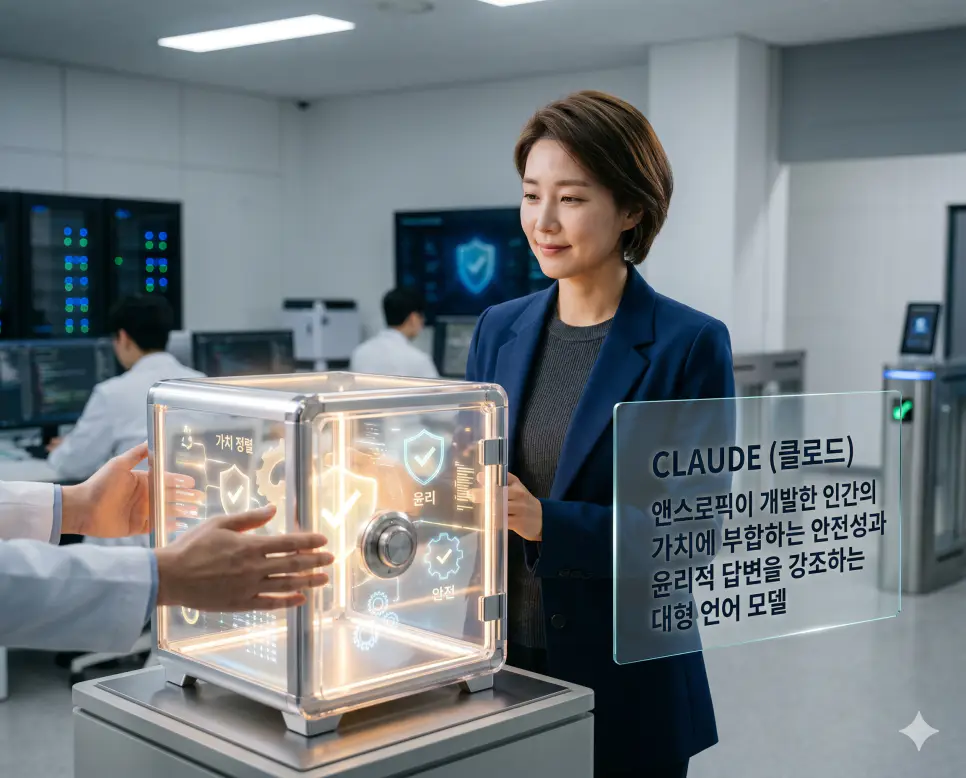 CLAUDE (클로드) 뜻을 시각화하기 위해 한국인 AI 윤리 전문가가 인간의 가치에 부합하는 안전하고 윤리적인 답변을 담고 있는 클로드의 safe box를 확인하는 고품격 실사 이미지