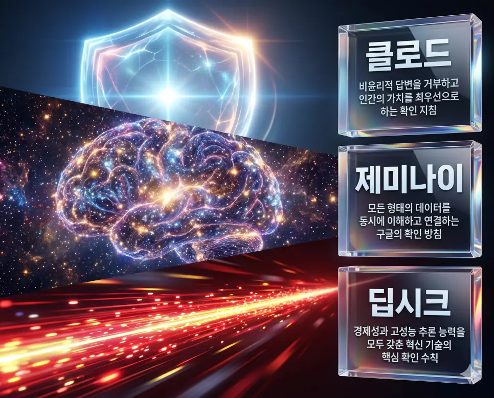 클로드 뜻, 제미나이 뜻, 딥시크 뜻 정리: 글로벌 AI 모델 특징 및 선택 지침 4 클로드, 제미나이, 딥시크의 기술적 지향점과 개발 철학을 한눈에 분석하여 목적에 맞는 도구 선택을 돕는 프리미엄 FAQ 통합 포스터 이미지