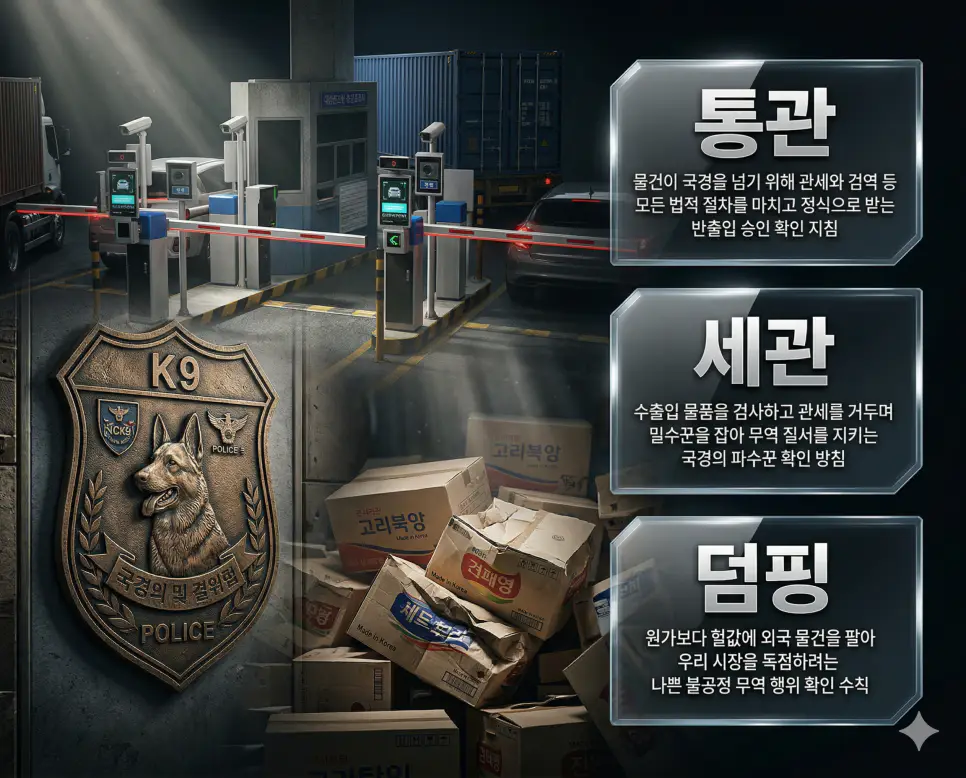 통관 뜻, 세관 뜻, 덤핑 뜻: 국경 허가 절차와 파수꾼 및 불공정 무역 행위 정리 4 통관, 세관, 덤핑 뜻의 정의와 국경 물류 현장 아이콘을 Gritty한 배경 위에 유리 패널로 정리한 고품격 하이퍼 리얼리즘 인포그래픽