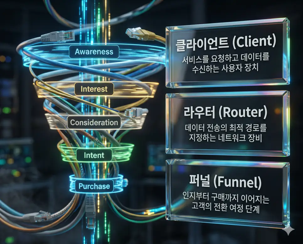 한국인 전문가들과 함께 클라이언트, 라우터, 퍼널의 관계를 분석하여 네트워크 통신 환경과 마케팅 성과 여정을 진단하는 프리미엄 포스터 이미지
