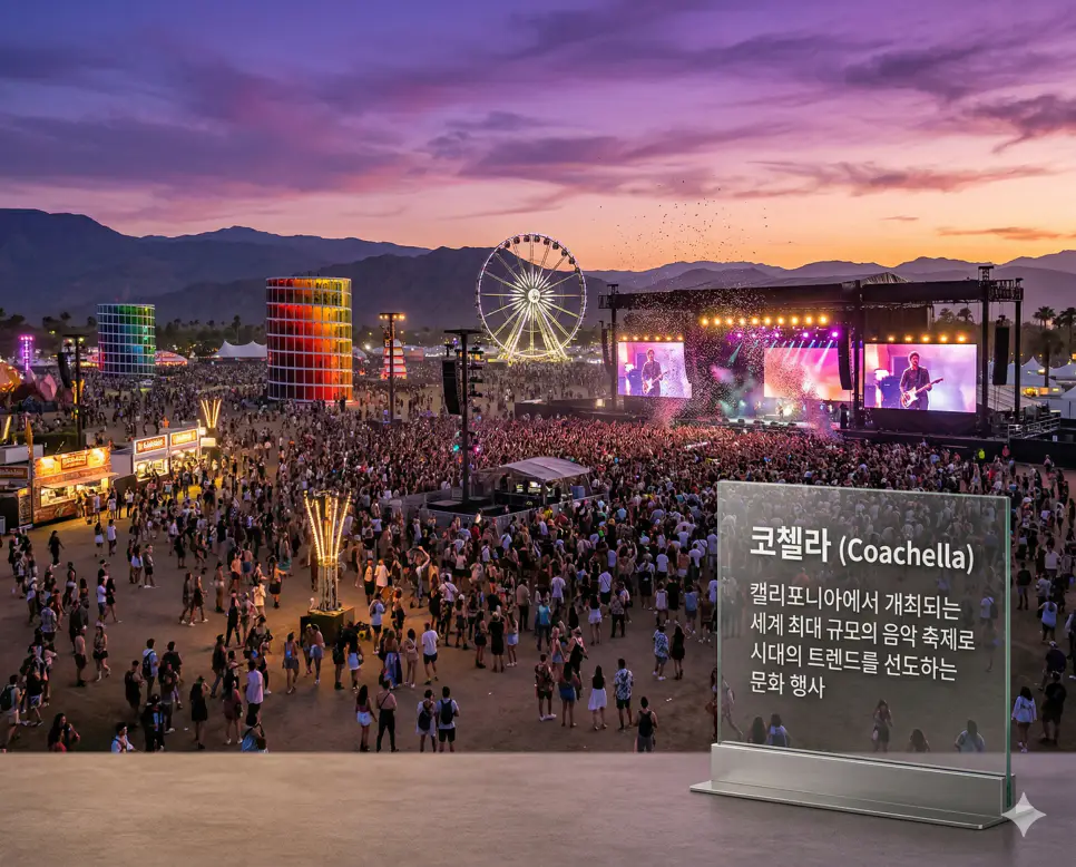 코첼라 뜻을 상징하기 위해 미국 캘리포니아 코첼라 밸리에서 개최되는 세계 최대 음악 축제의 화려한 무대와 자유로운 분위기를 표현한 실사 이미지