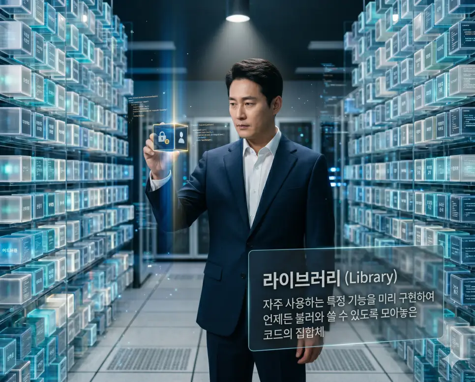 라이브러리 뜻을 정의하기 위해 한국인 개발자가 자주 사용하는 코드 집합체가 모인 디지털 아카이브에서 필요한 기능을 불러와 사용하는 프리미엄 실사 이미지