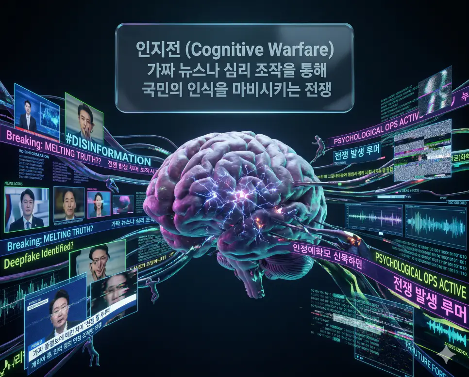 CQB 뜻, COINT 뜻, 인지전 뜻: 실내 초근접 전투와 대게릴라전 전략 및 심리 조작을 통한 인식의 전쟁 확인 3 인지전 뜻을 정의하기 위해 수많은 정보와 가짜 뉴스의 소용돌이 속에서 사람의 뇌와 인식이 공격받는 현대전의 심리 조작을 묘사한 고품격 이미지